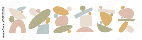 Set of balance stones and crayon drawn geometric shapes. Hand drawn vector contemporary shapes. Pastel colored geometric balancing shapes. Vector texture figures.