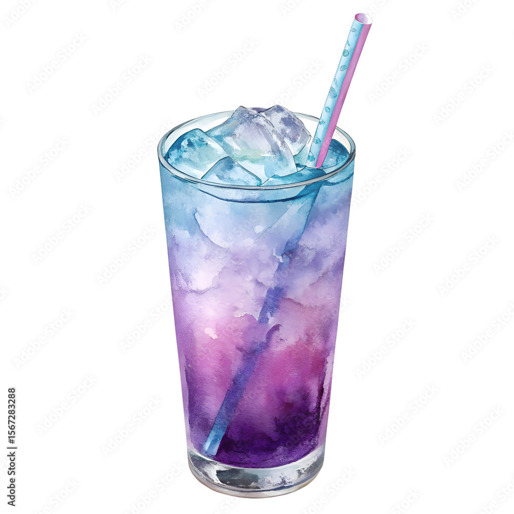 Watercolor Cocktail with Ice and Straw on Transparent Background Watercolor Cocktail with Ice and Straw on Transparent Background
