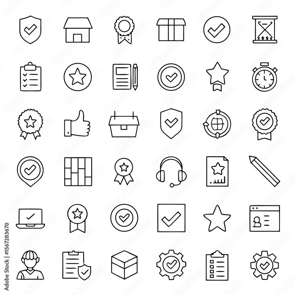 Outline icons display varied symbols like checkmarks, stars, and time across a transparent background Outline icons display varied symbols like checkmarks, stars, and time across a transparent background