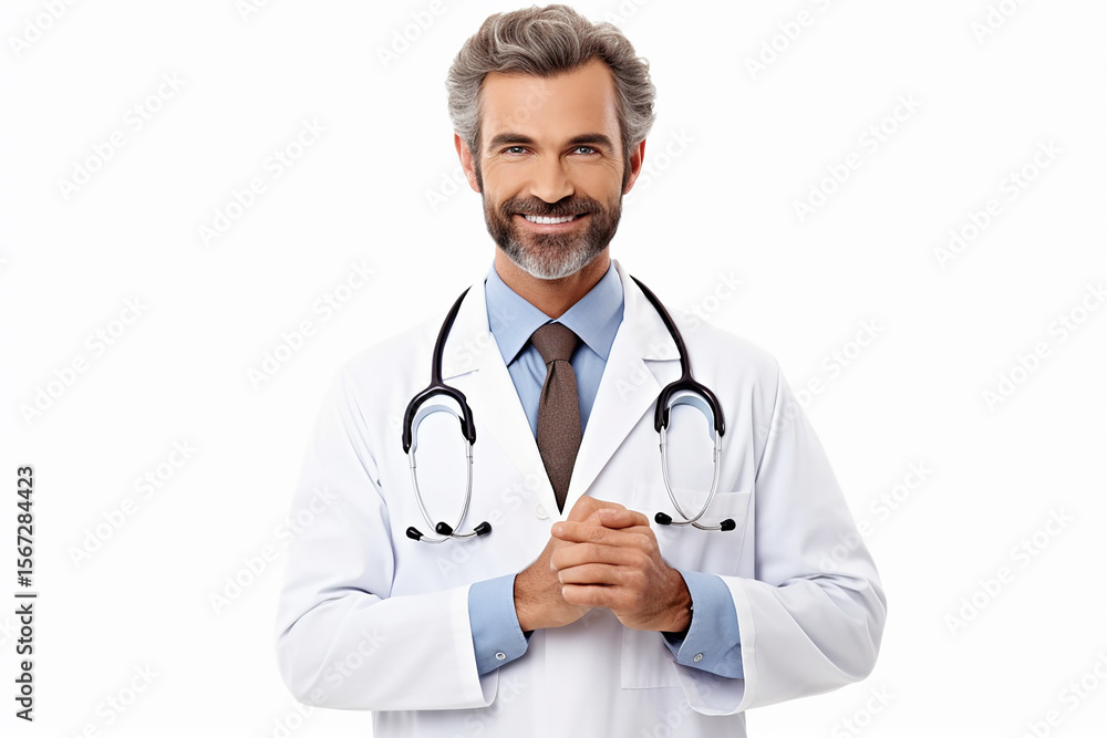 Portrait of a smiling doctor with a stethoscope and white coat on a white background Portrait of a smiling doctor with a stethoscope and white coat on a white background