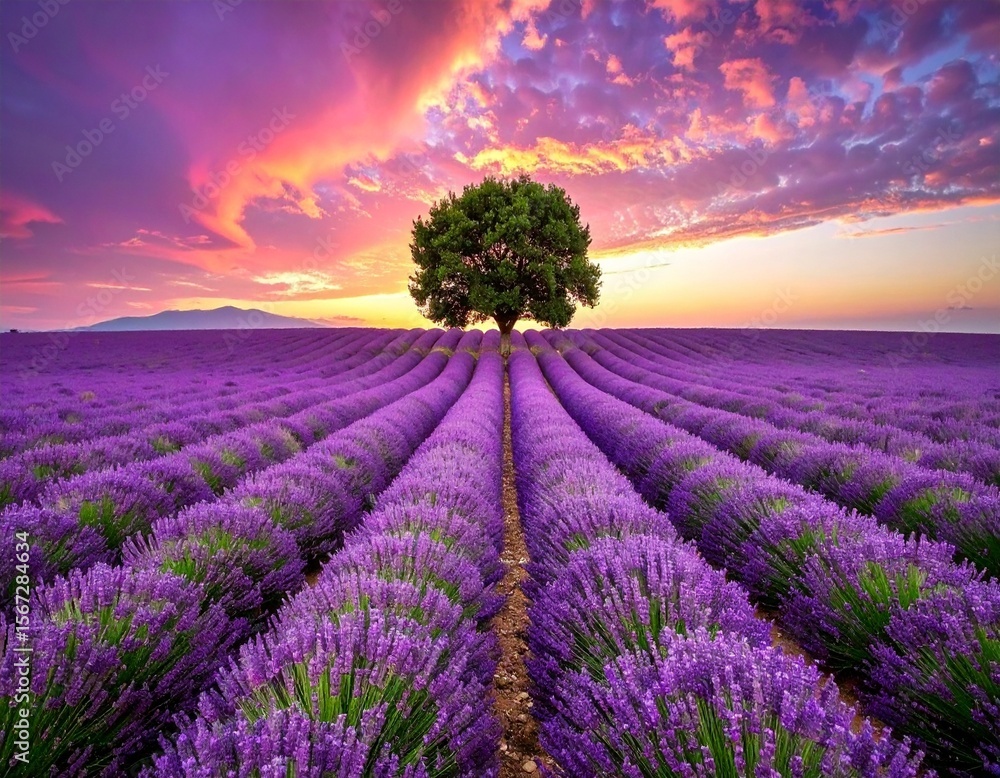 Obraz premium Stunning lavender field landscape Summer sunset with single tree
