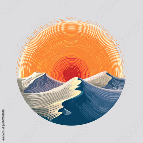 halftone retro sunset with stylized sun dipping behind sand dunes