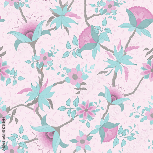 Trailing Vines of Fantasy Flowers in Shades of Pinks with Teal Green Leaves on a Pale Pink Background creating a seamless pattern print