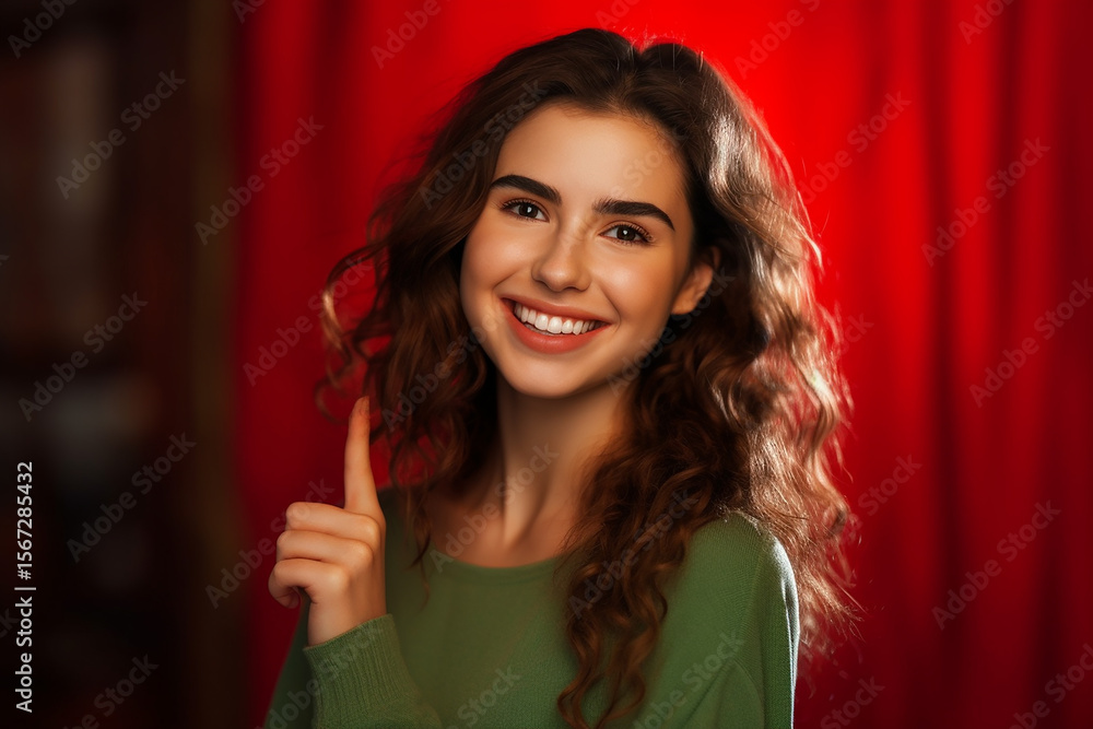 Naklejka premium Portrait of a smiling woman with curly brown hair and green shirt pointing upward in front of red