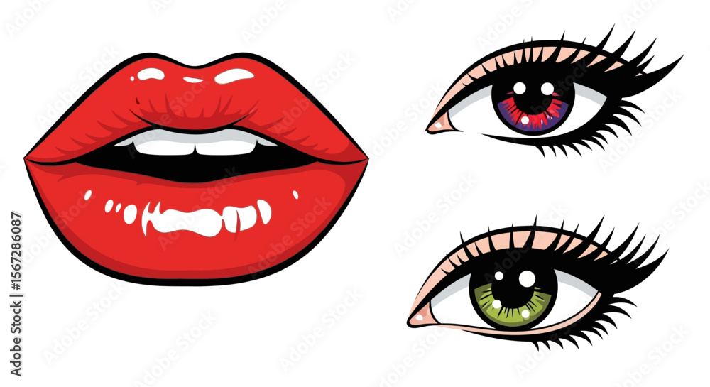 Glossy Red Lips and Colorful Cartoon Eyes with Bold Eyelashes Glossy Red Lips and Colorful Cartoon Eyes with Bold Eyelashes