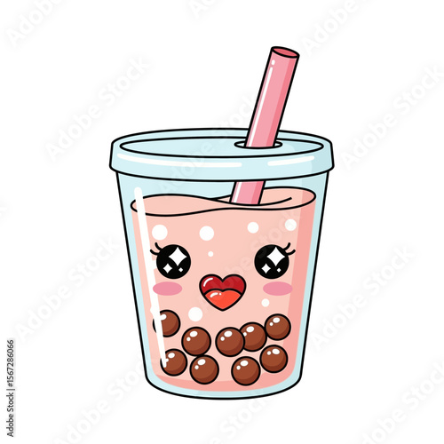 Cute Pink Bubble Tea Cup with Heart Mouth and Tapioca Pearls