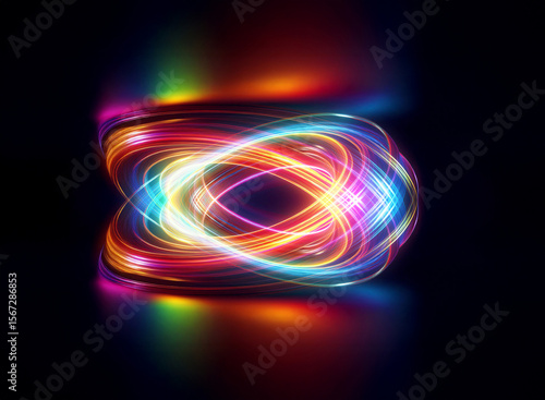 Abstract swirling energy trails form a glowing abstract oval shape with vibrant colors. Light in motion against a dark background, creating a dynamic visual effect.