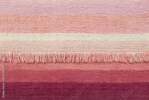 A close-up image of a colorful rug with a textured surface and fringed edge. This detailed photo showcases the intricate design and soft hues of the woven textile