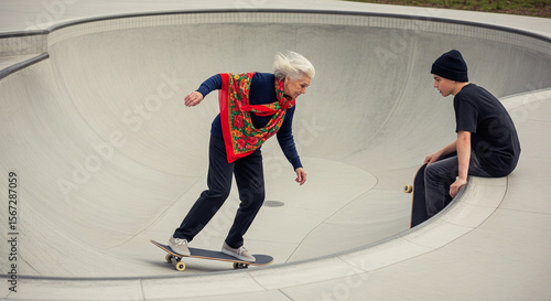 Elderly Woman Skateboarding in Empty Skatepark – Surreal Generational Role Reversal