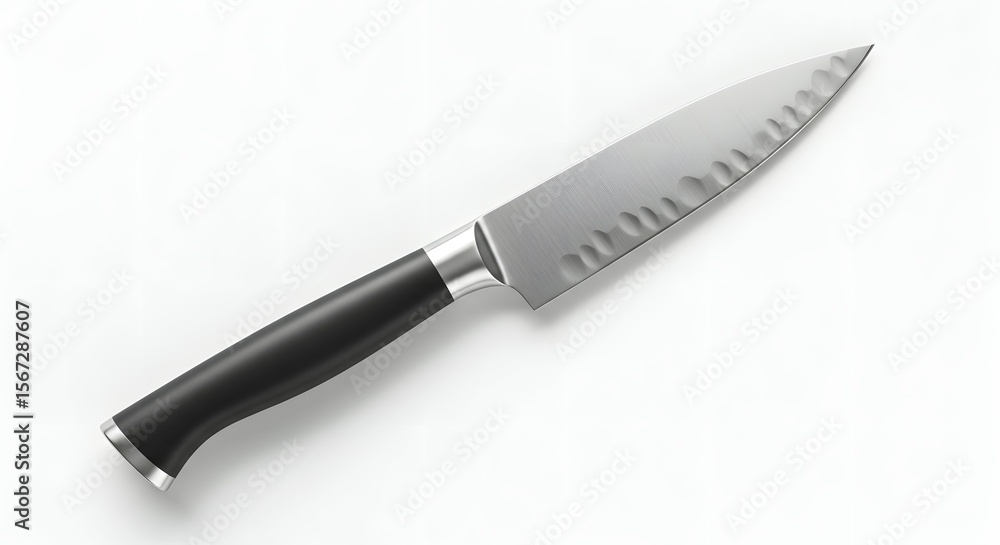 Obraz premium Modern Santoku Chef Knife with Black Handle Isolated on White Background, Essential Kitchen Tool for Culinary Preparation