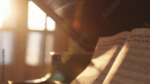 A piano with sheet music in golden sunlight creates a peaceful mood, showing classical music practice, culture, and timeless melody at rest