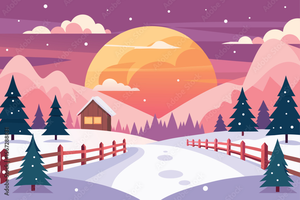 Naklejka premium winter landscape with christmas tree and snowman