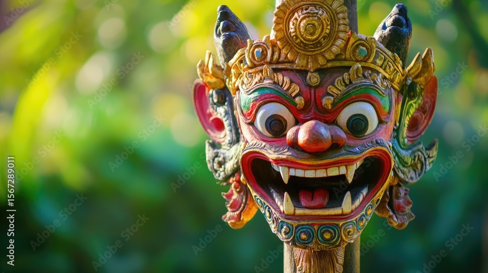 Fototapeta premium Colorful Balinese Demon Mask Against Green Background