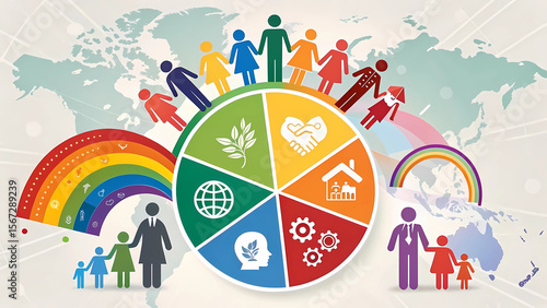 Illustration of people holding hands around a circle with symbols on a world map background