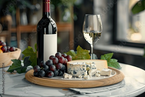 Front View of Tasty Cheese Plate with Grapes and the Wine Bottle, Fruit and Wineglasses