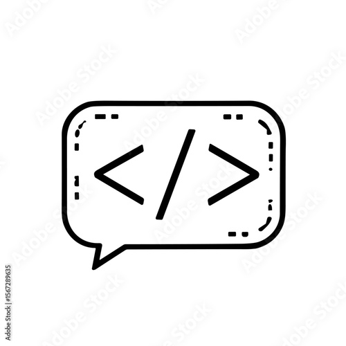 Code snippet in a speech bubble, representing programming discussion or communication.