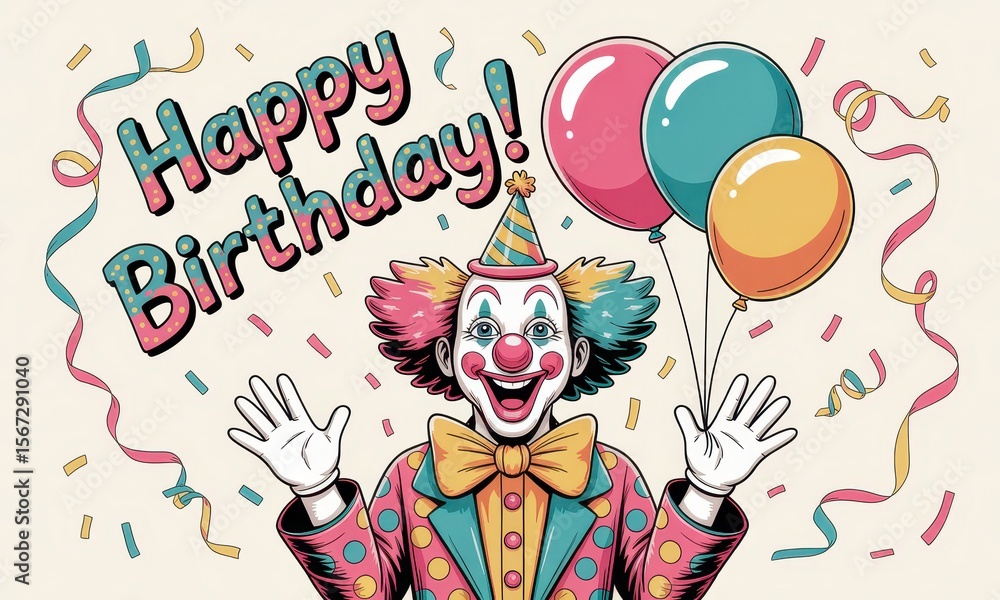 Fototapeta premium Happy birthday clown illustration with balloons and confetti