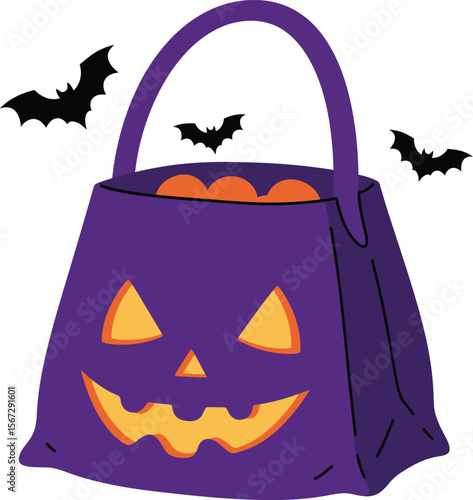 A purple Halloween candy bag with a jack-o'-lantern face, filled with orange treats, surrounded by bats.