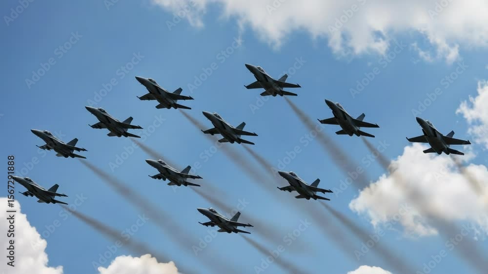 A squadron of fighter jets flies in formation against a cloudy blue sky A squadron of fighter jets flies in formation against a cloudy blue sky