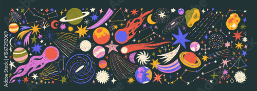 Funky crayon drawn planets, asteroids, stars and constellations. Doodle outer space childish icons set. Crayon drawings of night sky or galaxy symbols. Childish cosmic illustration. Pencil texture.