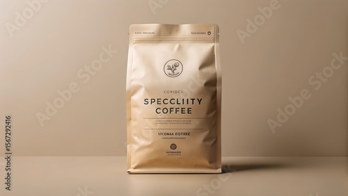 A bag of specialty coffee sits on a table against a neutral background