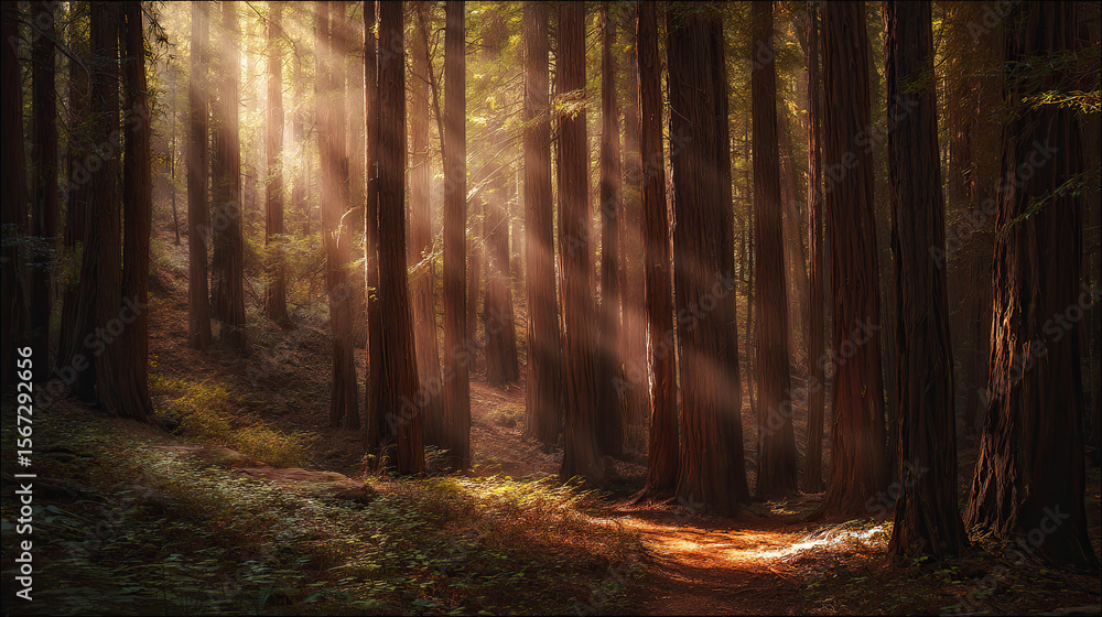 Fototapeta premium Misty forest of towering red-barked trees with sunbeams piercing through ancient canopy, conveying primordial serenity.