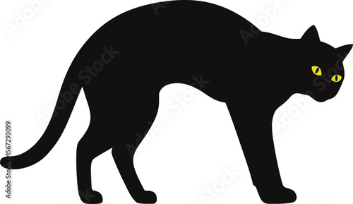 A black cat silhouette, arched back, yellow eyes, and a wary stance.