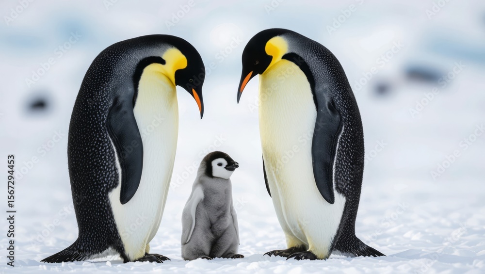 Obraz premium Antarctic emperor penguins stand with their young chick on a snow covered landscape with gentle light and natural colors.