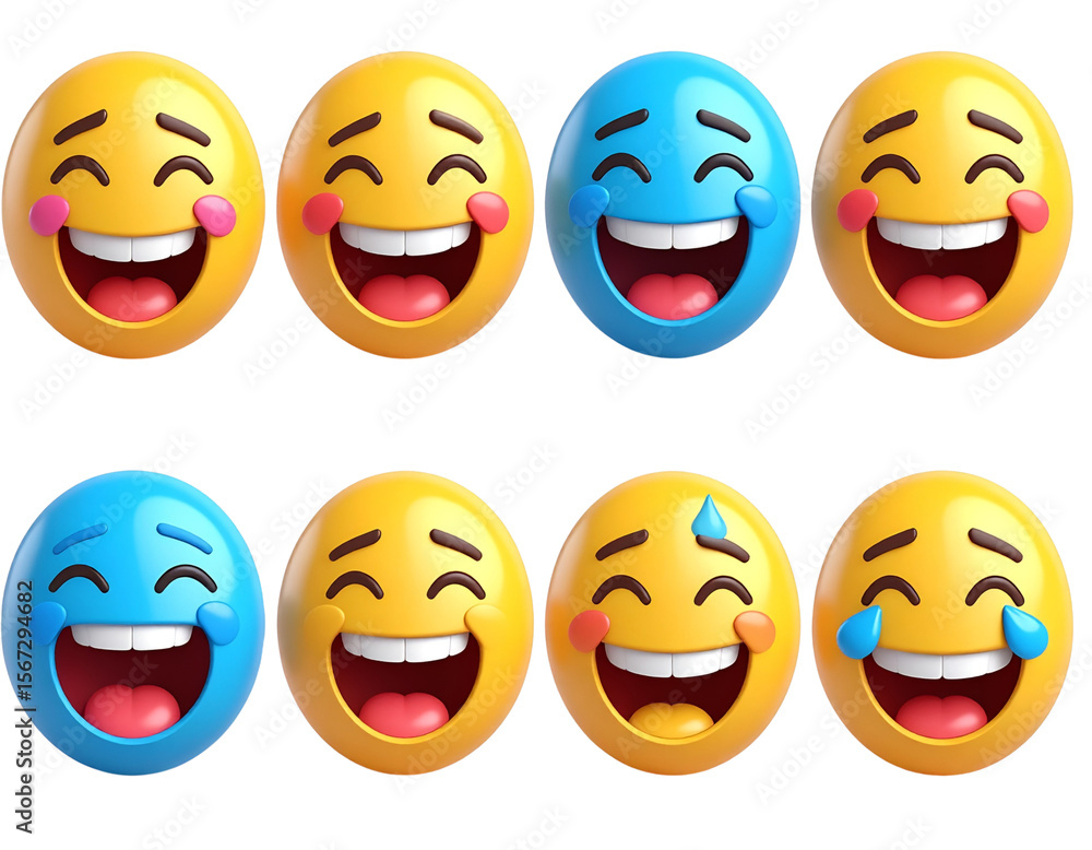 Fototapeta premium 3D Emoji Reactions Pack – Laugh, Love, Cry – Transparent Background PNG