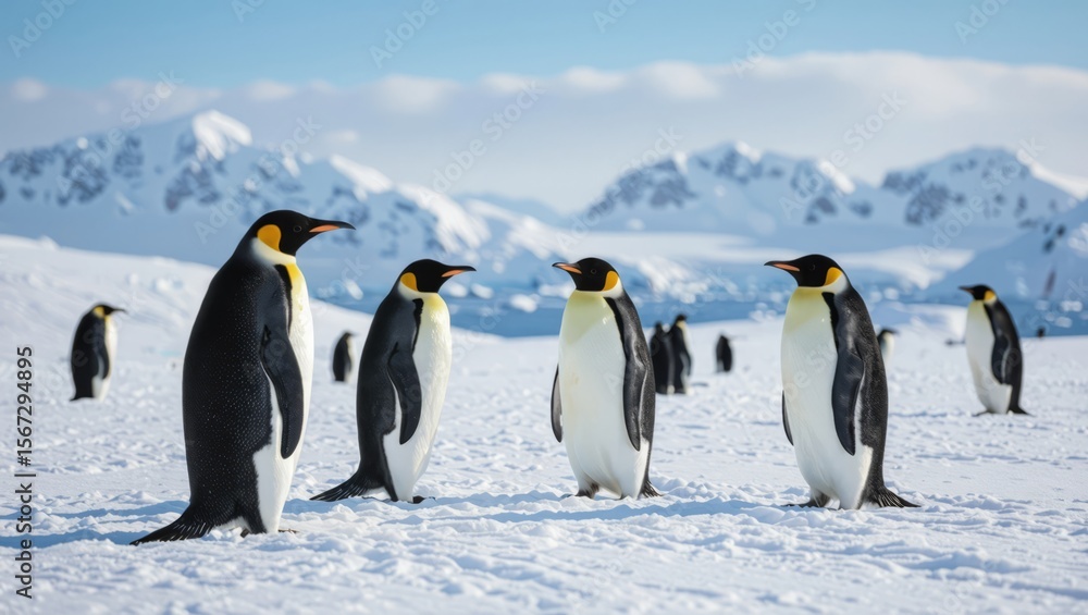Fototapeta premium Majestic emperor penguins gather in a snowy landscape with stunning glacial mountains in the Antarctic wilderness on a bright sunny day.