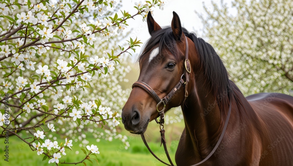 Obraz premium Majestic bay horse stands gracefully amidst a spring blossom orchard, bathed in the soft glow of natural light