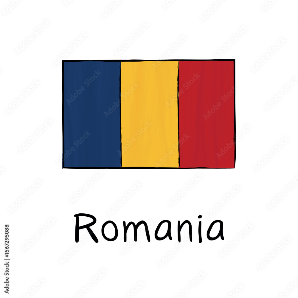 Fototapeta premium Flag of Romania with outline and signature on white background. Hand-drawn vector sketch, ideal for education, politics, infographics, web design, posters, and cultural presentations.