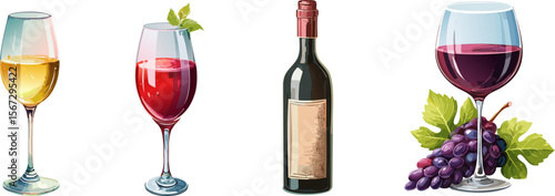 Elegant wine glasses filled with different varieties of the drink, alongside a bottle and grapes