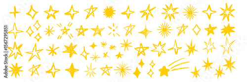 Doodle stars. Set of doodle yellow crayon stars elements. Pastel brush star isolated on white background.