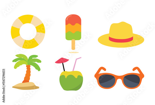 A summer collection  of colorful icons vector. Ice-cream, coconut drink, sunglasses, lifebuoy, hat, palmtree.