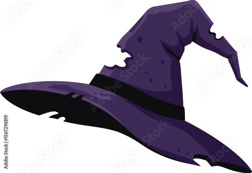 A worn, purple witch's hat, angled, with tattered edges.