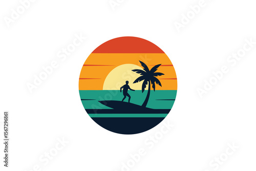 Retro Style Tropical Surfing Scene with Palm Tree and Surfer Silhouette Graphic Illustration Embracing Nostalgic Beach Vibes for Summer Getaways and Ocean Adventures