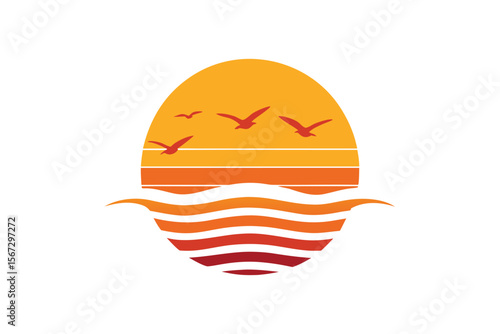 Striking Sunset Silhouette with Birds Flying Over Water Graphic Art Design An Oval Illustration of Peaceful Sunset and Sea Waves with Silhouetted Flying Birds