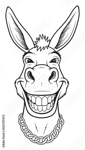 Cartoon Illustration of a Smirking Donkey with Large Grin and Gold Chain