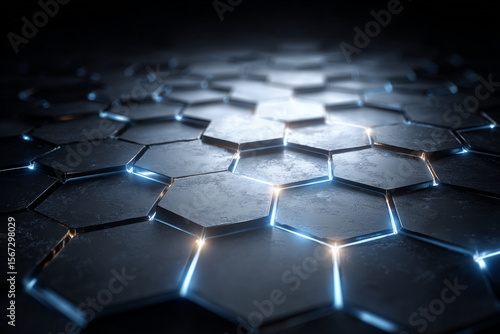 Shield Pattern Background in Matte Titanium. Hexagonal Protective Armor Texture with Subtle blue Energy