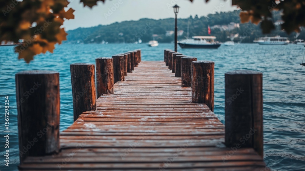 Fototapeta premium Wooden pier extending into a calm blue lake with boats and a distant shoreline.