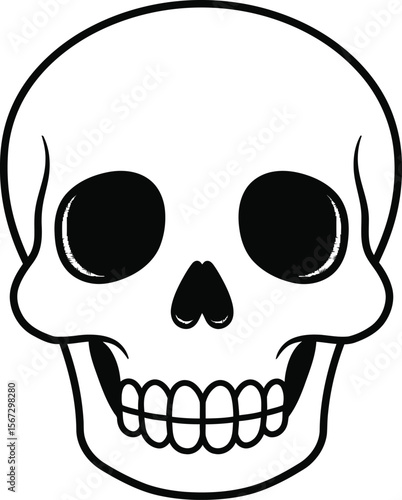 A simple, black and white illustration of a human skull, showcasing its features.