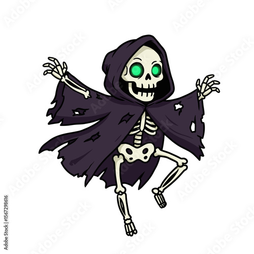 Cartoon skeleton in a ragged dark purple cloak with glowing green eyes, leaping playfully with limbs spread wide.