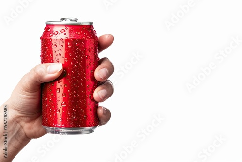 Hand Holding Red Aluminum Cans with Fresh Water Drops Isolated From White Background