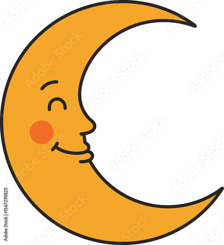 A cheerful, orange crescent moon with a smiling face and rosy cheeks.