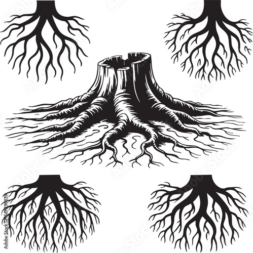 Black silhouette of a tree stump with exposed roots and surrounding root systems