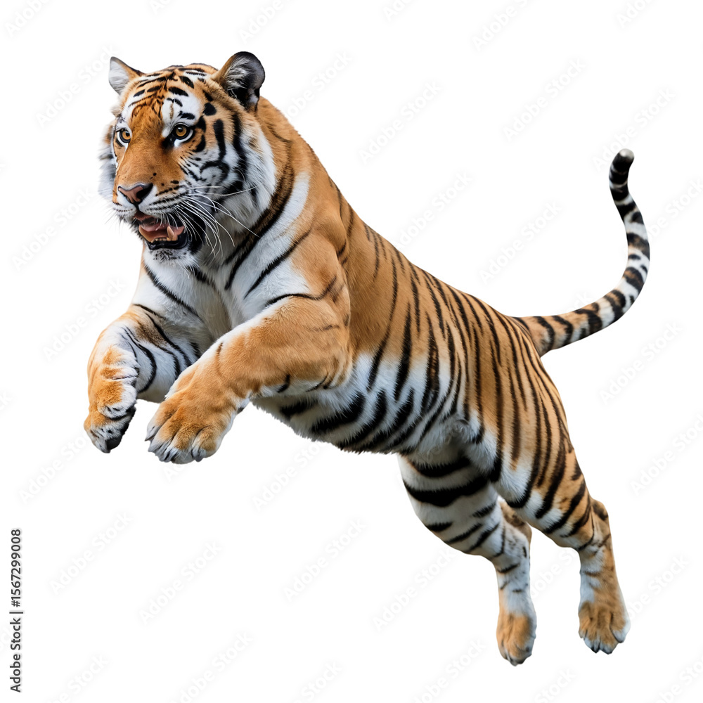 Obraz premium Tiger jumping wildlife animal predator feline bengal cat zoo nature wild isolated on transparent background