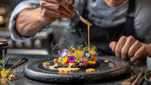 Chef carefully plating a gourmet dish with edible flowers and pouring sauce.