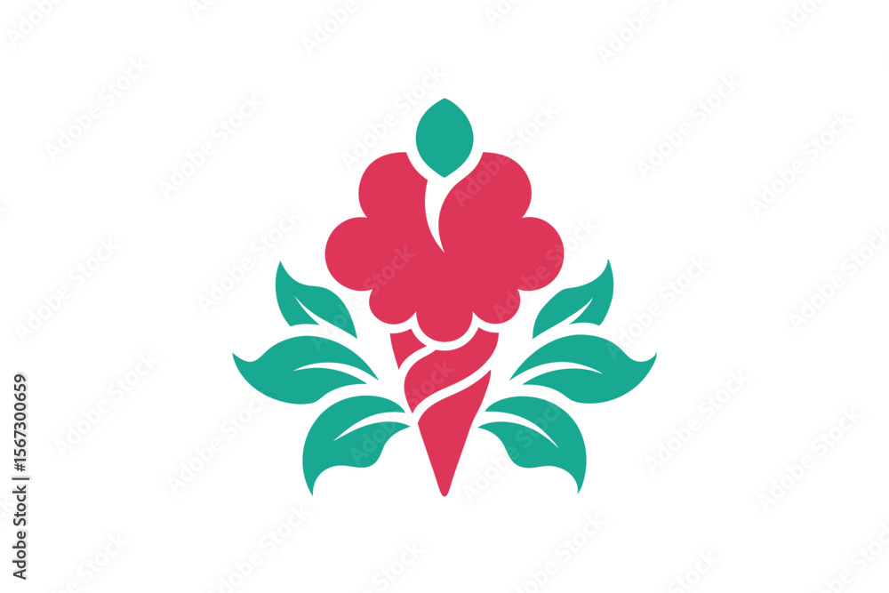 Obraz premium Stylized Ice Cream Cone with Floral Accents A Sweet Treat Surrounded by Nature's Beauty and Decorative Green Leaves