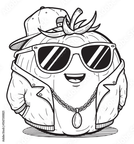 Cool Cartoon Tomato Dressed as a Rapper Illustration in Black and White